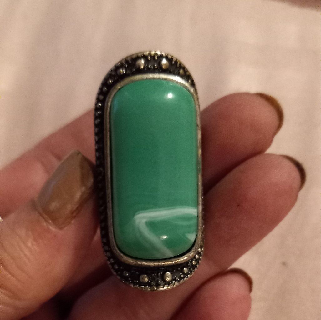 Vintage Silver Tone Green Jade Statement Ring/5